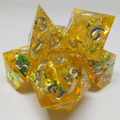Yellow Sharp Edged Prismatic Tinsel 7pc Dice Set image 0